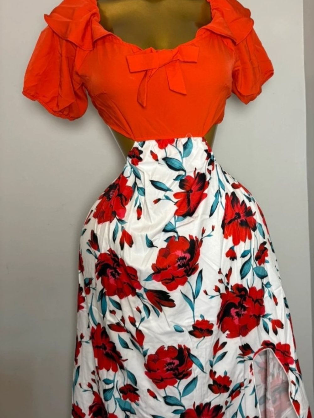 Two Piece Red Floral Dress With Tie Back Ruffle Bodice And A-Line Slit Skirt